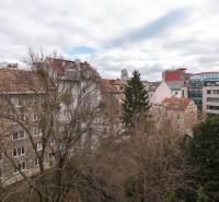 View of residential buildings and trees in Bratislava - Ružinov, ideal for a 2-room apartment.