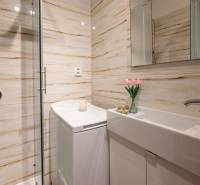 A bathroom in a 2-room apartment with a washing machine, shower, and cozy decoration.