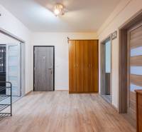 A hallway in a 4-room apartment with a wooden decor floor, a wardrobe, and a light.