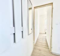 White interior with a hallway in a studio apartment and a wooden decor floor.