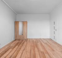 Izba s bielymi stenami, podlaha s dreveným dekorom, šatník so zrkadlom, 1-izbový byt.