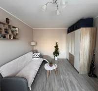 A bright living space in a 3-room apartment with a wooden decor floor and a comfortable sofa.