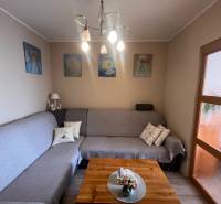 Living room in a 3-room apartment with a sofa, paintings, and a wooden decor floor.