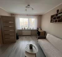 Living room in a 3-room apartment with a wooden decor floor, sofa, and table.