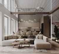 Elegant living room in a cabin with wood-patterned flooring and modern furniture.