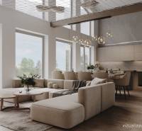 A spacious living area with a sofa and large windows in a cabin, floor with wood decor.