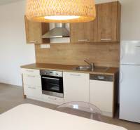 A kitchen in a studio apartment on Bodona Street with wooden cabinets, a stove, and a refrigerator.