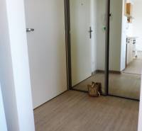 A hallway with white doors and a mirrored wardrobe, laminate flooring leads to the kitchen.