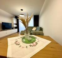 Living room in a 2-room apartment; sofa, television, table with decoration, floor with wooden decor.