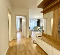A hallway in a 2-room apartment with a wooden decor floor and built-in furniture.