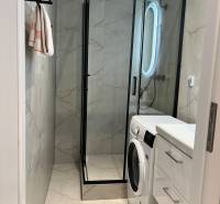 Bathroom in a 2-room apartment with a sink, shower, and washing machine in white design.