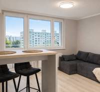 Living room in a two-room apartment with a sofa, bar table, and chairs.