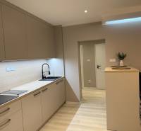 A kitchen in a 2-room apartment with a wooden decor floor and a kitchen unit.