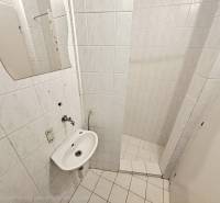 A small bathroom with a sink, mirror, and shower in commercial premises.