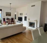 Interior of a family house with a fireplace, sofa, and wooden decor flooring.