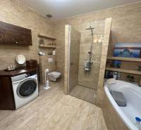 A family house bathroom with a washing machine, bathtub, and shower, floor with wooden decor.