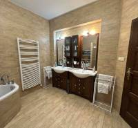 A bathroom in a family house with a wooden decor floor and two sinks.