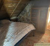 Attic in a family house with wooden paneling, a bed, and a dresser with a carpet.