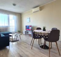Living room in a two-room apartment with a wooden decor floor, a sofa, and a dining table.