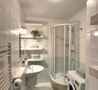 Bathroom in a 2-room apartment with white tiles, a shower, and a washing machine.