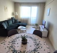 Living room with a dark sofa, dining table, and wooden decor flooring in a 2-room apartment.