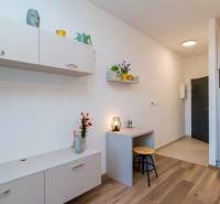 Interior of a 1-room apartment with light furniture and a wooden decor floor.