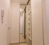 A narrow hallway in a one-room apartment with a large mirrored built-in wardrobe.