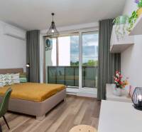 1-bedroom apartment with wood-patterned flooring, modern lighting, and a view of the terrace.