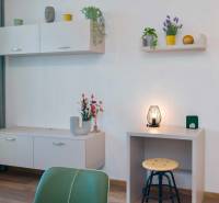 A minimalist interior with wood-decor flooring and furniture in a studio apartment.