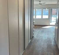 A hallway in a family house with a wooden decor floor, large windows, built-in wardrobes.