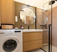 Bathroom with a washing machine, sink, mirror, and shower in a 3-room apartment.