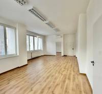 Offices with wood-patterned flooring, white walls, and windows offer a bright working space.