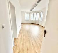 Bright offices with wood-patterned flooring and large windows.