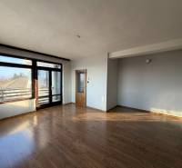 A room in a family house with a wooden decor floor, a large window, and a door.