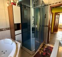 Bathroom with a bathtub and a shower in a family house.