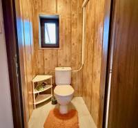 A toilet in a family house with wooden paneling and a small window.