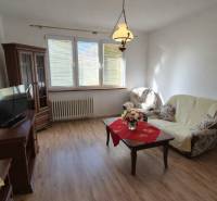 Living room in a two-room apartment with a wooden decor floor, comfortable furniture, and a decorative table.