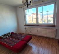 A bedroom with a bed, wardrobe, and wooden decor flooring in a two-room apartment.