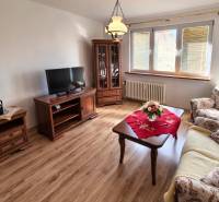 Living room in a 2-room apartment with a wooden decor floor and classic furniture.