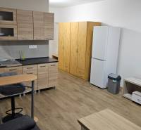 Studio apartment with a kitchenette, refrigerator, and wooden decor flooring.