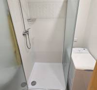 Studio apartment: shower next to the washing machine with simple walls and floor.