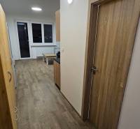 Studio apartment with wood-patterned flooring, white walls, and furniture.