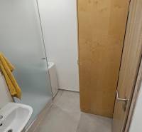 A bathroom in a studio apartment with a sink, shower, and cabinet on light-colored tiles.