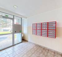 Entrance hall of the apartment building at Vyšehradská 23, Bratislava - Petržalka, with mailboxes.