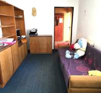 A family house with a carpet, a sofa, and shelves. A teddy bear on the sofa.
