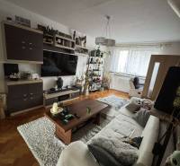 Living room of a 3-room apartment with a wooden decor floor, a comfortable sofa, and decorations.