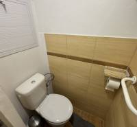 A bathroom in a 3-room apartment with a toilet and tiles with a wooden decor.