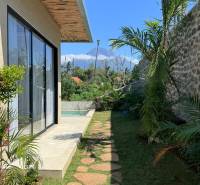 A garden of a family house in Amede with a swimming pool, a stone path, and palm trees.