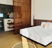 A bedroom in a family house with a wood-patterned floor, a wooden partition, and a circular rug.