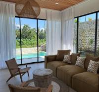 Interior of a family house with a view of the pool. Comfortable couch, armchairs, and decorative elements.